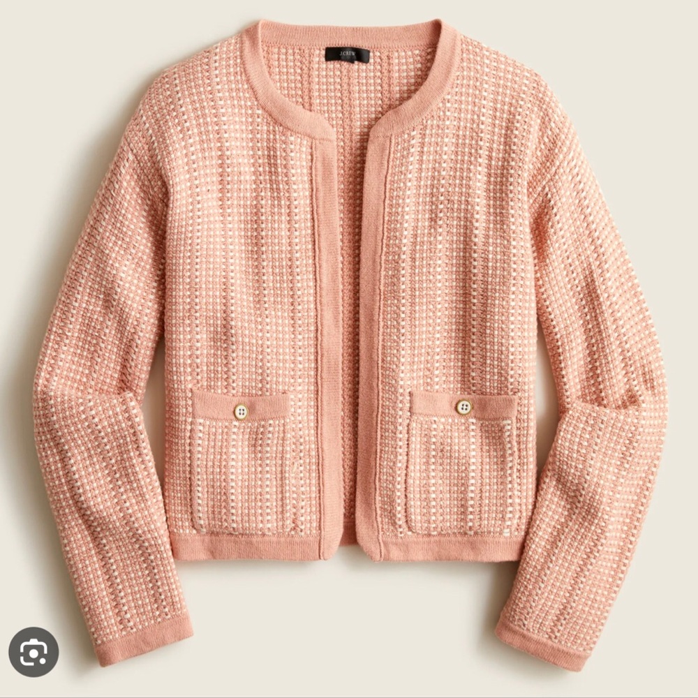J crew pink and white lady jacket sweater knit cardigan size MD